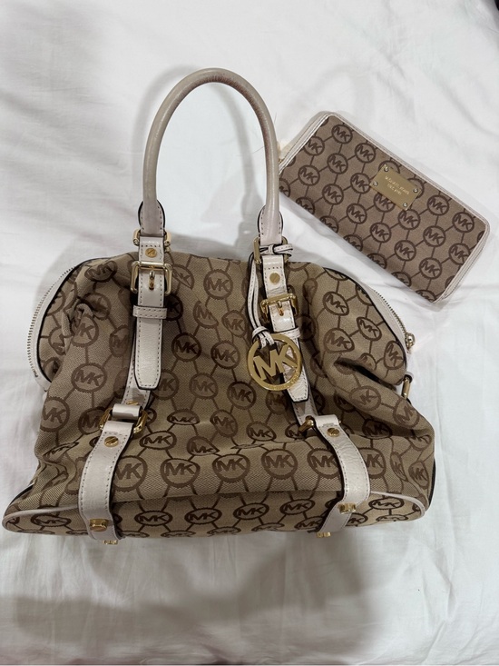 Michael Kors Handbags - Michael Kors Brown Beige MK Logo Satchel with Matching Wallet